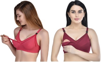 Desiprime B Cup Poly Cotton Feeding Bra Set of 2 Women Maternity/Nursing Non Padded Bra(Maroon, Red)