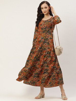 Deewa Women A-line Multicolor Midi/Calf Length Dress