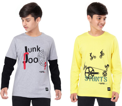 UNOSEVEN Boys Graphic Print Pure Cotton Regular T Shirt(Multicolor, Pack of 2)