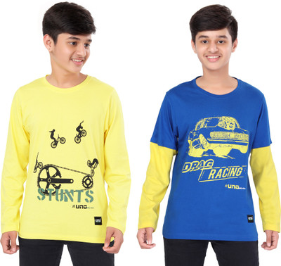 UNOSEVEN Boys Typography Pure Cotton Regular T Shirt(Blue, Pack of 2)