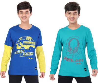 UNOSEVEN Boys Graphic Print Pure Cotton Regular T Shirt(Blue, Pack of 2)