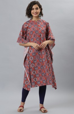 Janasya Women Floral Print Kaftan Kurta(Orange)