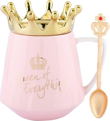 NYRWANA DELIVERING SMILES IN INIDA Queen of Everything with Crown Lid & Golden Crown Spoon Coffee for Birthday Gifts Women Girls (Pink) Ceramic Coffee Mug(350 ml)