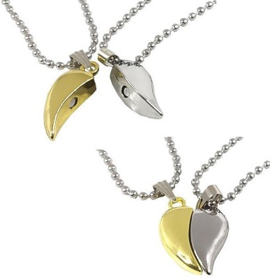 Adhvik (Set Of 2 Pcs) JAR0098-18 Valentine's Day Special Metal Golden & Silver Color Stainless Steel I Love You Broken Magnetic Heart Romantic Love Couple 2 In 1 Beautiful Duo Locket Pendant Necklace With Chain For Boy's And Girl's Silver Stainless Steel