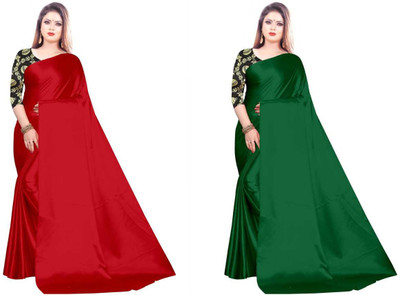 SHREEJI ENTERPRISE Solid/Plain Bollywood Satin Saree(Pack of 2, Red, Green)