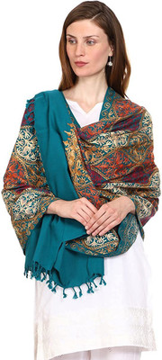 Braid N Cord Polyester Wool Blend Embroidered Women Shawl(Blue)