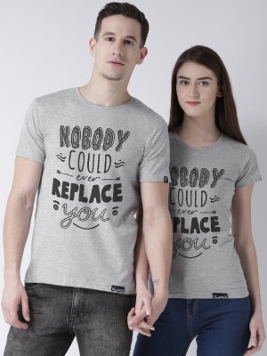 DUO COUPLE Printed Couple Round Neck Grey T-Shirt