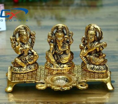 GROWNIX Laxmi Ganesh Saraswati With Diya Decorative Showpiece Decorative Showpiece  -  13 cm(Metal, Gold)