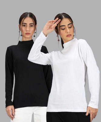 Talgo Solid High Neck Casual Women Black, White Sweater