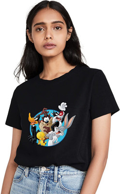 Baggyrain Printed Women Round Neck Black T-Shirt