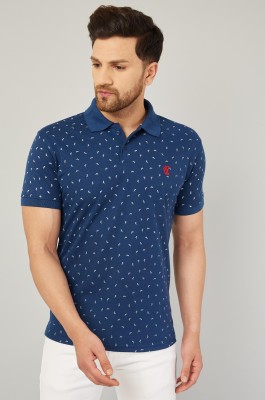 We Perfect Printed Men Polo Neck Navy Blue T-Shirt