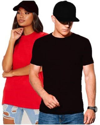 Baggyrain Solid Couple Round Neck Red, Black T-Shirt