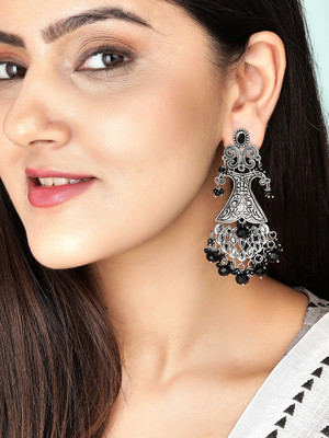 RUBANS Rubans Silver Plated Black Stone Studded Earrings With Black Beads Brass Drops & Danglers