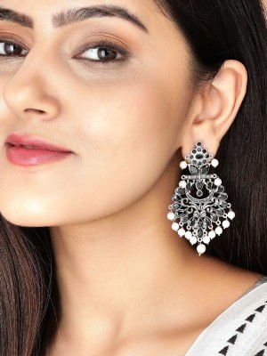 RUBANS Rubans Silver Plated Black Stone Studded Chandbali Earrings With Pearls Brass Drops & Danglers