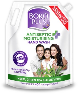 BOROPLUS Antiseptic and Moisturising Hand Wash with Neem, Green Tea & Aloe Vera |Kills Viruses & 99.9% Germs | For Soft & Moisturised Hands| Refill Pouch with Spout Hand Wash Refill Pouch(1500 ml)