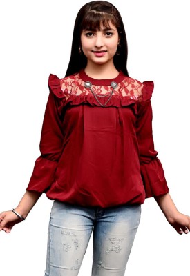 oriexfabb Girls Casual Polycotton Top(Maroon, Pack of 1)