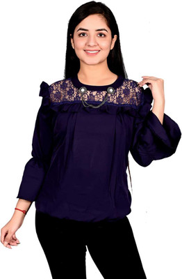 Fellamo Girls Casual Polycotton Top(Dark Blue, Pack of 1)