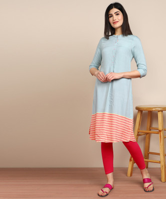 Aurelia Women Striped Straight Kurta(Blue)