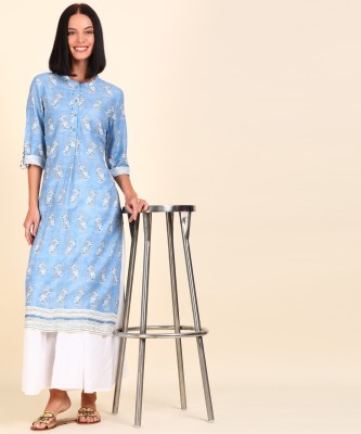 W Women Floral Print Straight Kurta(Blue)