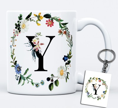 The Kamy Initial Alphabet letter Y in floral design Ceramic Coffee mug with Free Keychain. Ceramic Coffee Mug(350 ml)