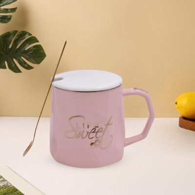 Kookee Ceramic Coffee or Tea with Lid and Handle with Spoon for Office, Home or Gifting - 325ml (G-1127-B) Ceramic Coffee Mug(325 ml)