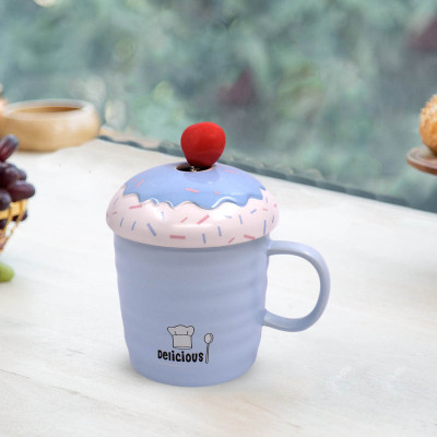 Kookee Ceramic Coffee or Tea with Lid and Handle with Spoon for Office, Home or Gifting - 325ml (HY-1095-C) Ceramic Coffee Mug(325 ml)
