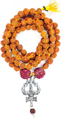 LETNIX Religious 5 Mukhi Rudraksha 2 Big Dana Mala With Silver Trishul Damru Locket Wooden Finish For Mens and Womens Silver Plated Brass, Wood Chain