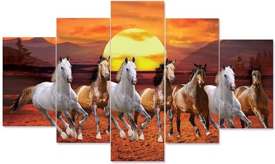 Great Art Set Of 5 Seven Running Horses Vastu Framed Wall Painting Scenery For Home Decoration ,Living Room , Office , Bedroom Big Size Wall Décor ...... Digital Reprint 17 inch x 30 inch Painting(With Frame, Pack of 5)