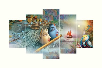 Great Art Decor Abstract Theme - Set Of 5 Shri Krishna And Radha Flute Love Framed Wall Painting 3D Scenery (75 x 43 Cm) , Multicolor Digital Reprint 17 inch x 30 inch Painting(With Frame, Pack of 5)