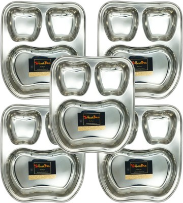 HUSHBEE Apple Shape Stainless Steel Lunch Dinner Plate Bhojan Thali 3 in 1 Round Compartments Kitchen & Dining Set Sectioned Plate(Pack of 5)