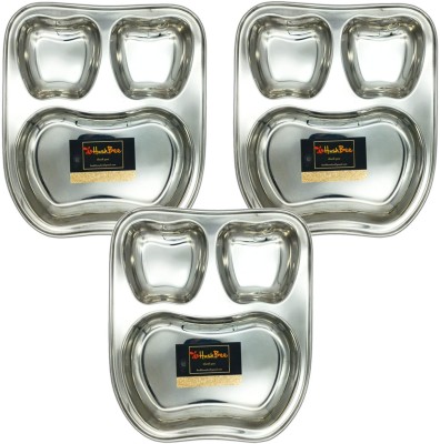 HUSHBEE Apple Shape Stainless Steel Lunch Dinner Plate Bhojan Thali 3 in 1 Round Compartments Kitchen & Dining Set Sectioned Plate(Pack of 3)
