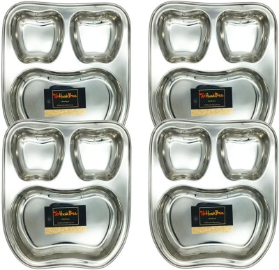 HUSHBEE Apple Shape Stainless Steel Lunch Dinner Plate Bhojan Thali 3 in 1 Round Compartments Kitchen & Dining Set Sectioned Plate(Pack of 4)