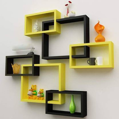 AMS WOODEN HUB MDF (Medium Density Fiber) Wall Shelf(Number of Shelves - 6, Yellow, Black)