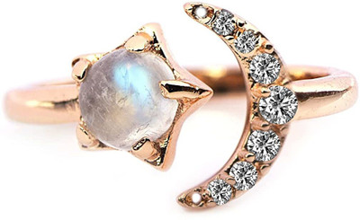 Gempro Certified Moonstone Crescent Latest Trendy Adjustable Crystal Gold Plated Ring