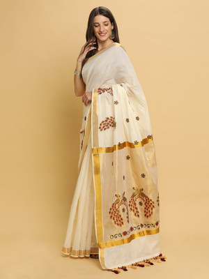 Manvish Drapes Embroidered Kasavu Pure Cotton Saree(White)