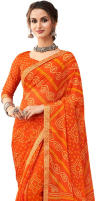 TIARAA Geometric Print Bandhani Chiffon Saree(Orange)