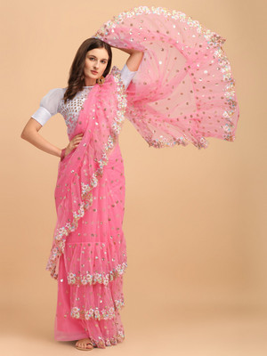 JATRIQQ Embellished Bollywood Net Saree(Pink)