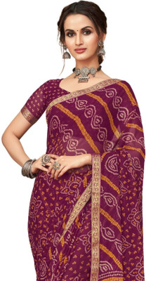 TIARAA Geometric Print Bandhani Chiffon Saree(Purple)