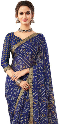 TIARAA Geometric Print Bandhani Chiffon Saree(Dark Blue)