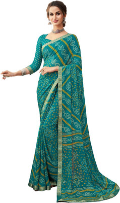 Durga Emporio Printed Bandhani Chiffon Saree(Green)