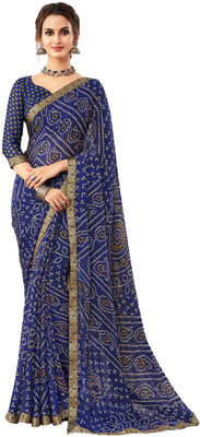 Durga Emporio Polka Print Bandhani Chiffon Saree(Blue)