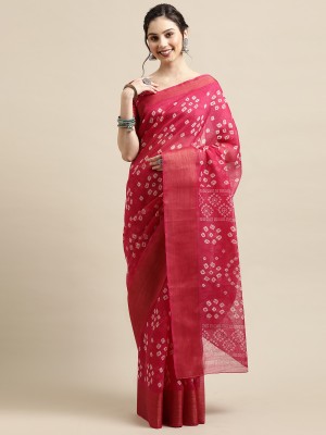 Ratnavati Printed Bandhani Linen Saree(Pink)