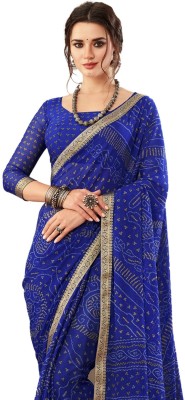 TIARAA Geometric Print Bandhani Chiffon Saree(Blue)