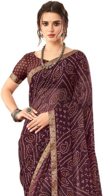 TIARAA Geometric Print Bandhani Chiffon Saree(Purple)