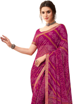 TIARAA Geometric Print Bandhani Chiffon Saree(Magenta)