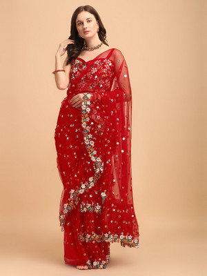 JATRIQQ Embroidered Bollywood Net Saree(Red)
