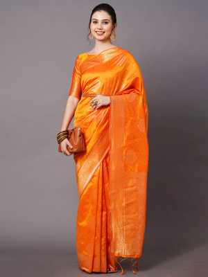 Ratnavati Printed, Woven, Floral Print Kanjivaram Silk Blend Saree(Yellow)