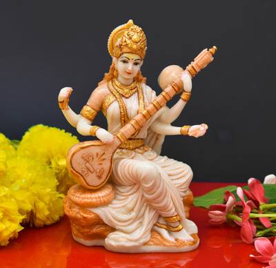 Archna Handicraft Saraswati Ji Polyresin Murti for Pooja Room I Home Temple Decorative Showpiece  -  15 cm