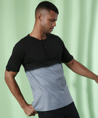 CAMPUS SUTRA Tie & Dye Men Henley Neck Black, Grey T-Shirt