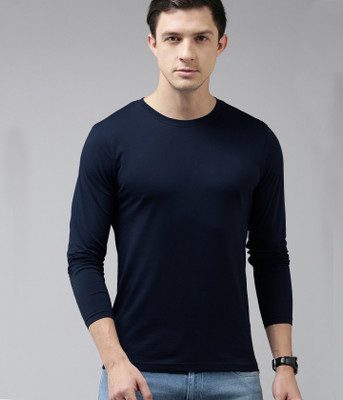 Meritex Solid Men Round Neck Blue T-Shirt
